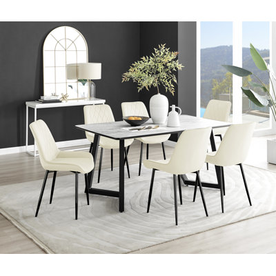 White Marble Effect Melamine Dining Table Black Legs & 6 Luxury Velvet Chairs Industrial Design