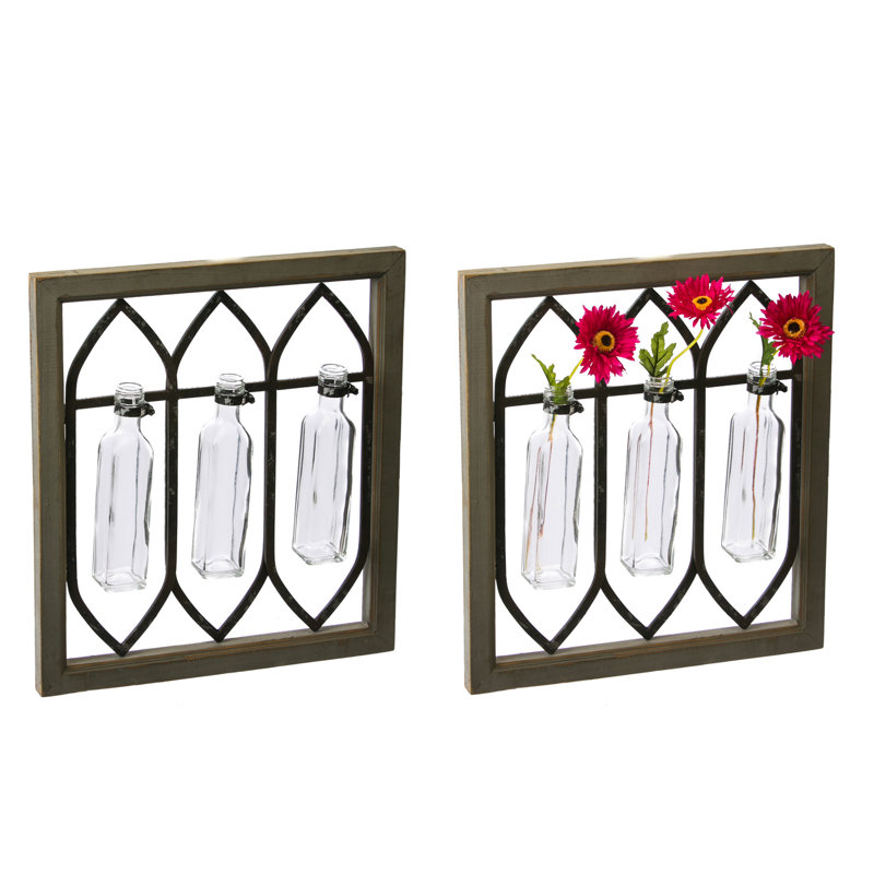 Panneau mural en bois avec vases en verre, ensemble de 2 panneaux avec 6 vases