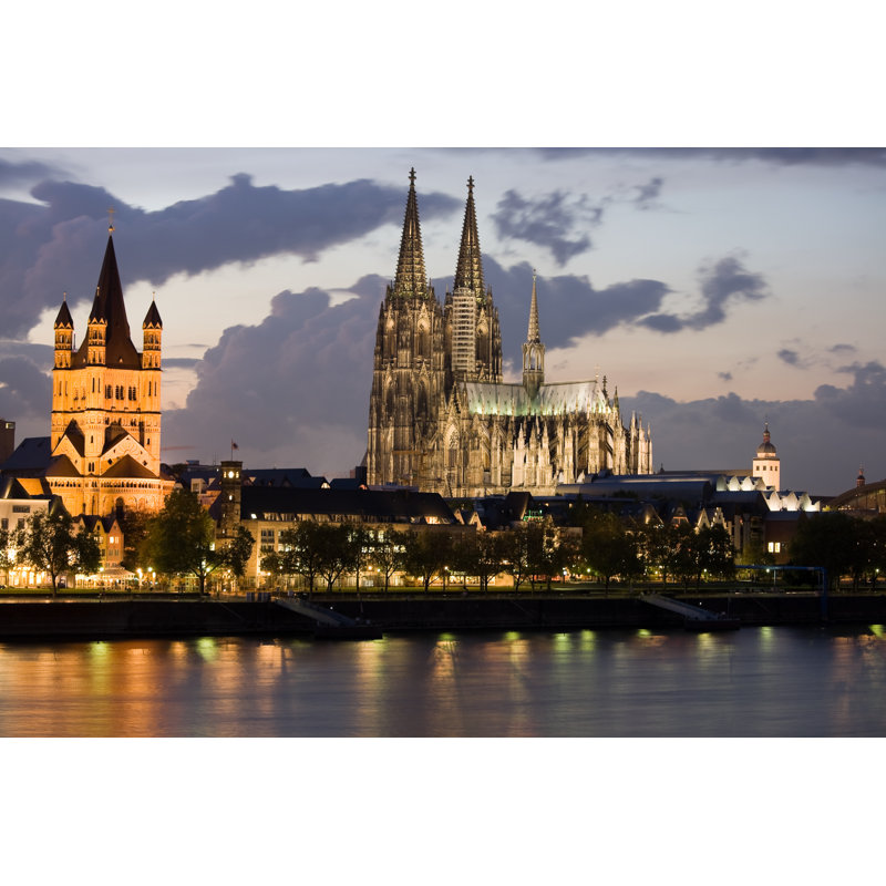 The Lit-Up Cologne Riverbank At Night - Wrapped Canvas Print, 30cm H x 46cm W x 3.8cm D