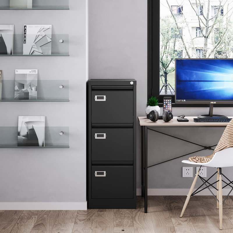Hougabook 15.1'' Wide 3 -Drawer Steel File Cabinet, Black