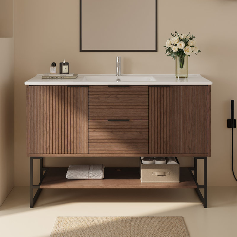 Ensemble de meuble-lavabo simple 48 po en bois brun avec lavabo et armoire de rangement