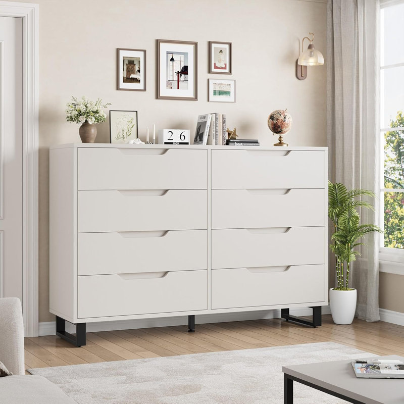 Dresser for Bedroom, Freestanding Horizontal Drawer with Storage, Wooden Closet Chest Storage, White