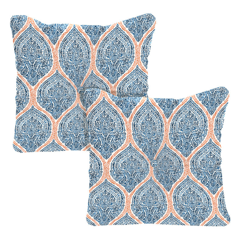 24" x 24" Tufted Outdoor Chair Back Cushion with Button (Set of 2), Blue Paisley