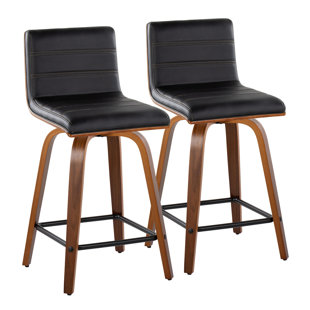 Vasari Mid-Century Modern Fixed-Height Barstool With Swivel In Walnut Wood And Faux Leather With Square Black Metal Footrest - Set Of 2 (Set of 2)