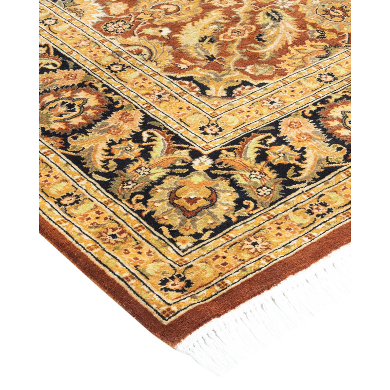 Tapis unique noué à la main orange / noir / jaune 6 pi 1 po x 8 pi 10 po Mogul