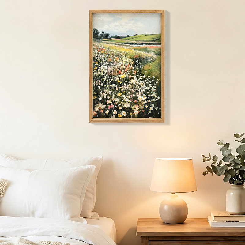 Paysage rustique 16 x 24 pouces, impressions sur toile encadrées de prairie de fleurs sauvages pour le bureau et la salle à manger, décoration murale, champ classique, chambre à coucher