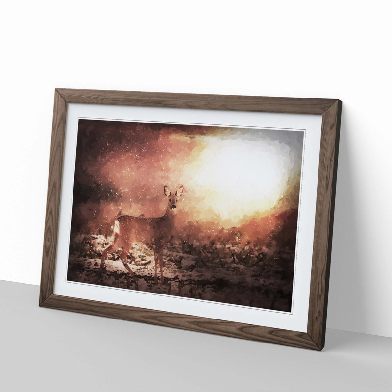 Roe Deer in Sunlight in Abstract - Picture Frame Painting Print on MDF, 50cm H x 76cm W x 2cm D, Walnut