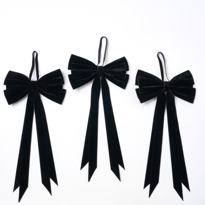 Elegant Black Velvet Double Tailed Clip-On Holiday Christmas Bow - Set of 3