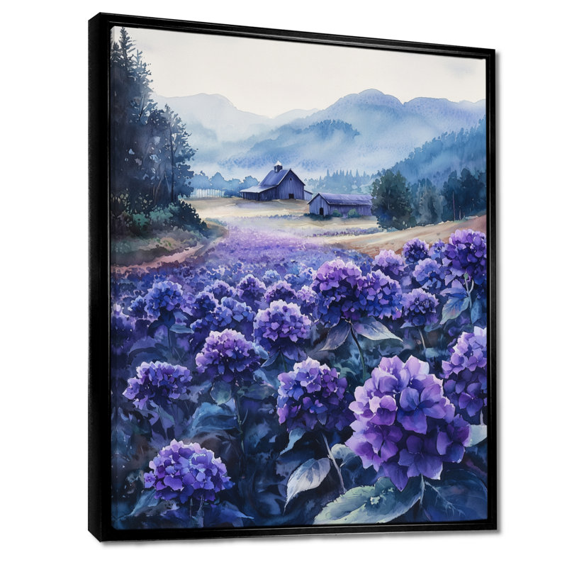 Champ d'hortensias dans la ferme laitière I - hydrangées, art mural, Noir, Reproduction avec cadre flottant