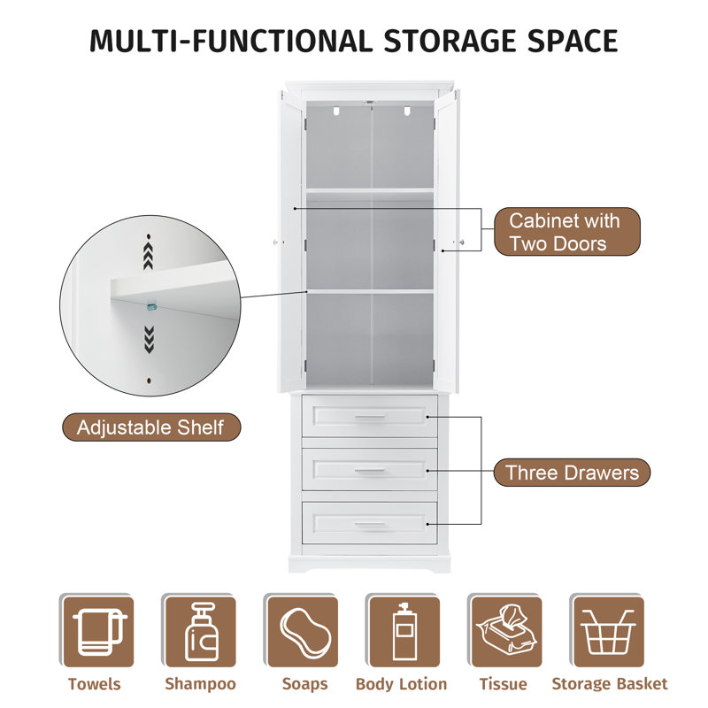 70" Tall Freestanding Bathroom Storage Cabinet With 3 Drawer, 2 Cabinets, Adjustable Shelves, Soft-Close Doors & Open Display Shelf