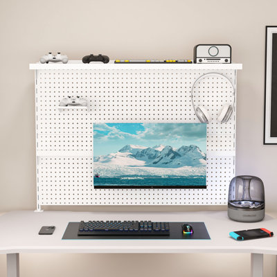  Clamp On Desk Pegboard with Single Monitor Stand, 43x35" Steel Organizer with Hooks for Gaming, White