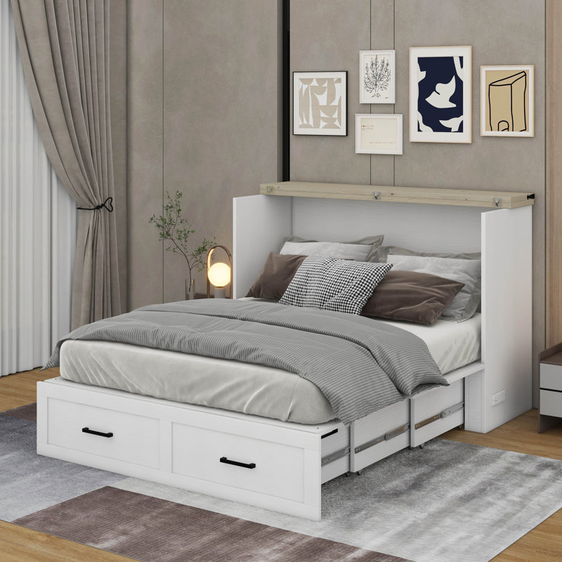 Queen Size Murphy Bed With Charging Station, Queen, White