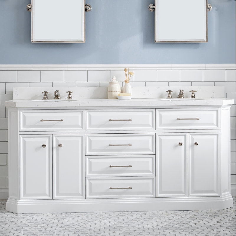 Bruning 72'' Double Bathroom Vanity with Engineered Marble Top, Pure White, Polished Nickel