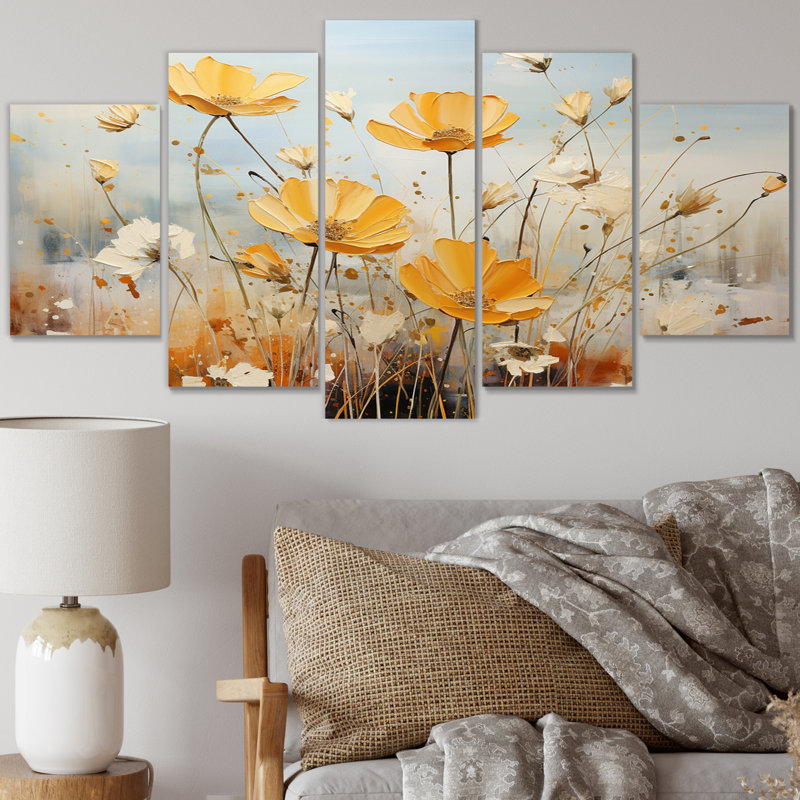 Meadow Blooming Yellow White Poppy Flowers II - Poppies Wall Art Print - 5 Panels