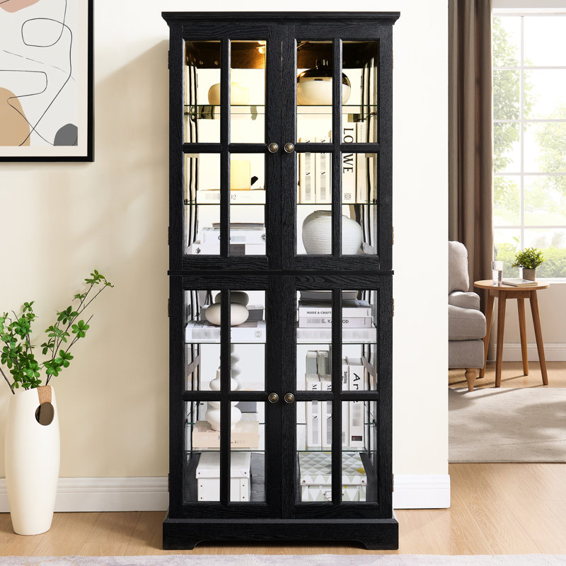 Vintage Black Glass High Cabinet With Classic Grid Design, Adjustable Shelf Height, And Included Lighting For Home Interior Collectibles Display Storage, Handles, Integrated Dining Room Showcase