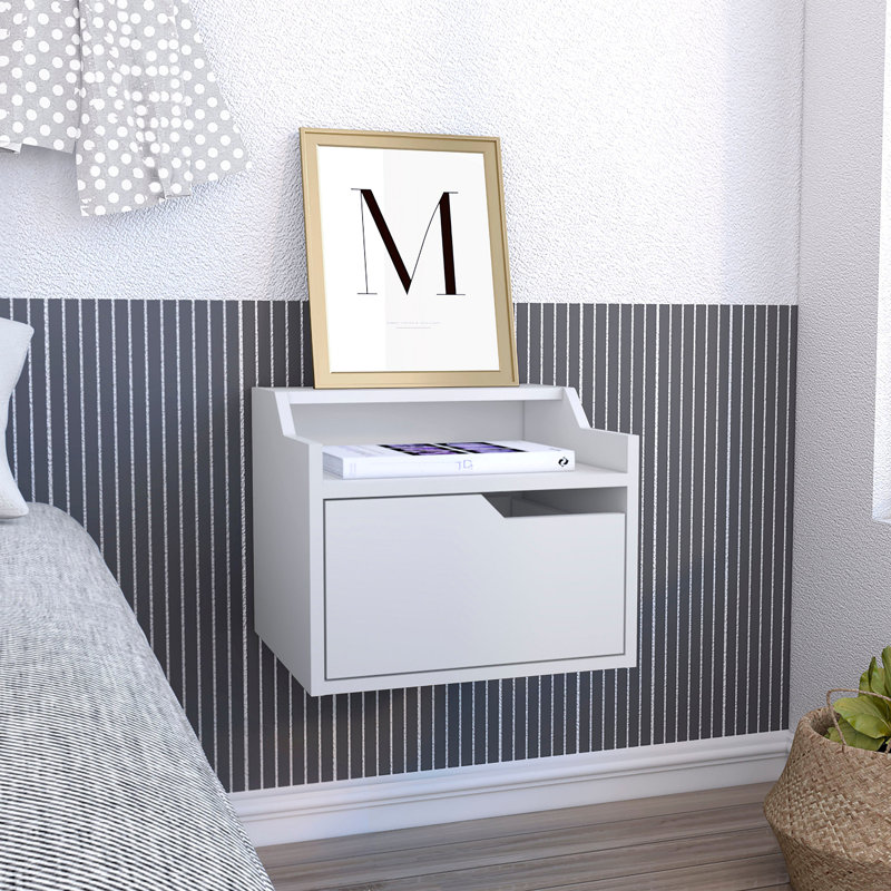Floating Nightstand , End Table, Side Table Single-Drawer Design With Sleek Two-Tiered Top Shelf Surfaces, White