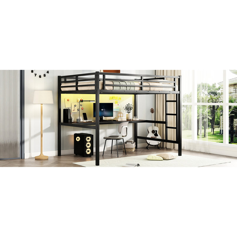 Lit mezzanine en métal avec bureau, connecteur d'alimentation, économiseur d'espace à DEL, réducteur de bruit, élément de design noir pleine puissance, lumières relaxantes