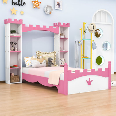 Twin Castle Shape Wooden Bed with Shelves by Zoomie Kids