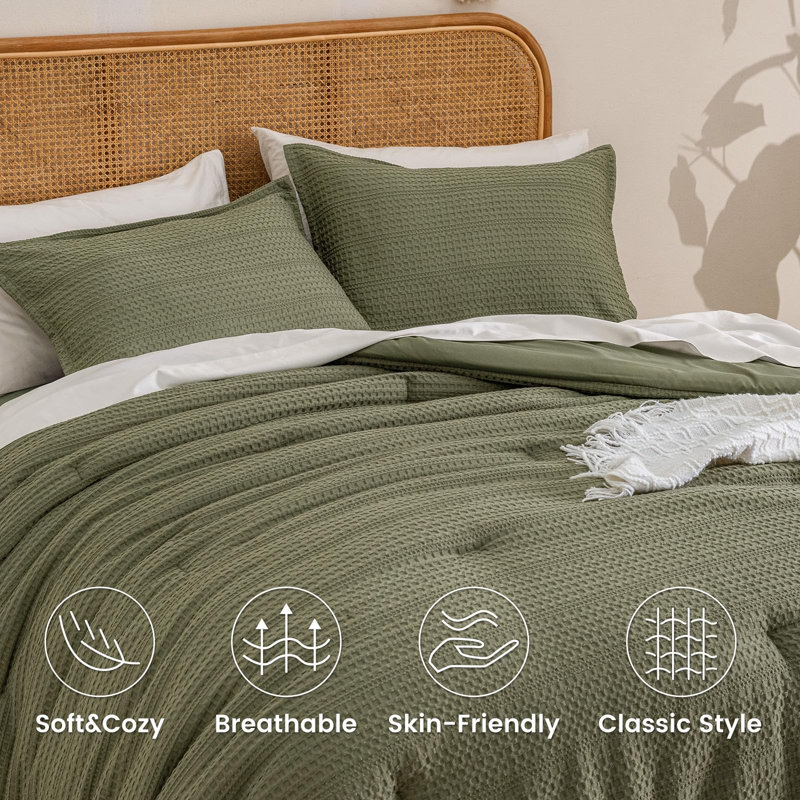 PHF Soft Waffle Comforter Set, Comfy Breathable Lightweight Textured Waffle Weave Comforter Bedding Set, Olive Green