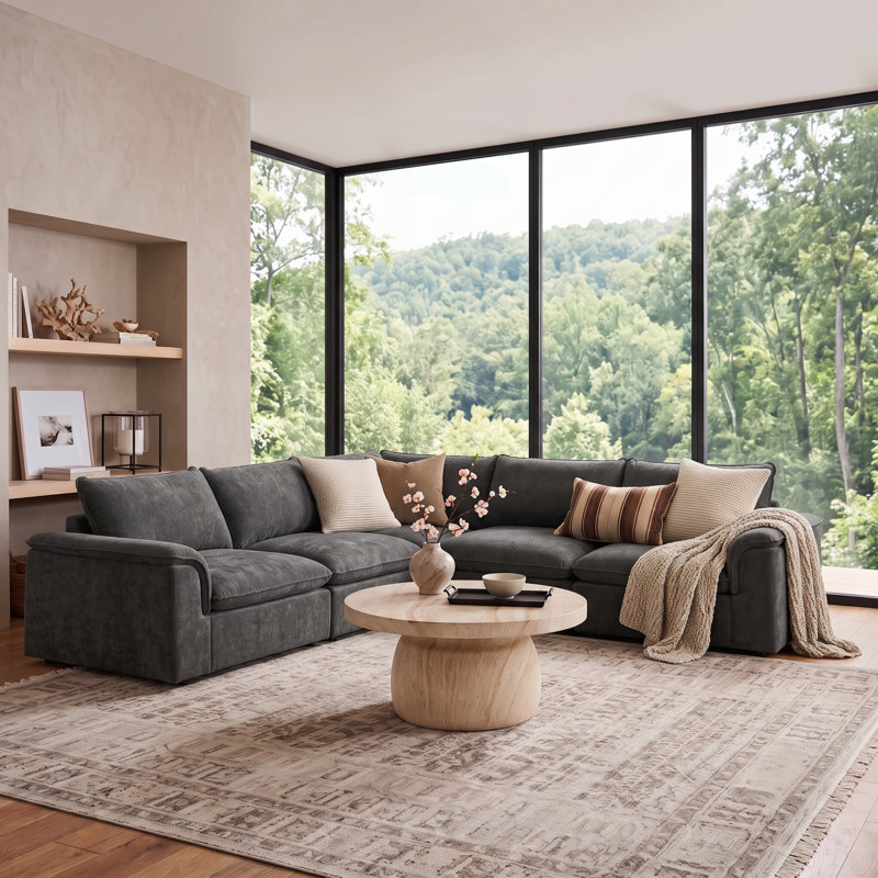 Cioffi 114"W Oversized L Shaped 5 Piece Down Blend Modular Cloud Sectional Sofa with Removable Cushion Cover, Gray