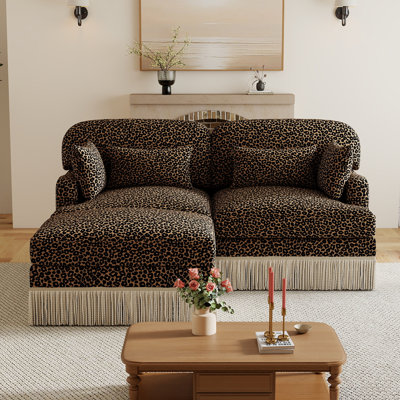 69" L-shaped Modular Sectional Loveseat Sofa With Delicate Tassel Edge and 4 Pillows,Modern Comfy Chenille Leopard Print Cloud Couch Loveseat Sofa with  Ottoman and 24" Deep Seat For Living Room