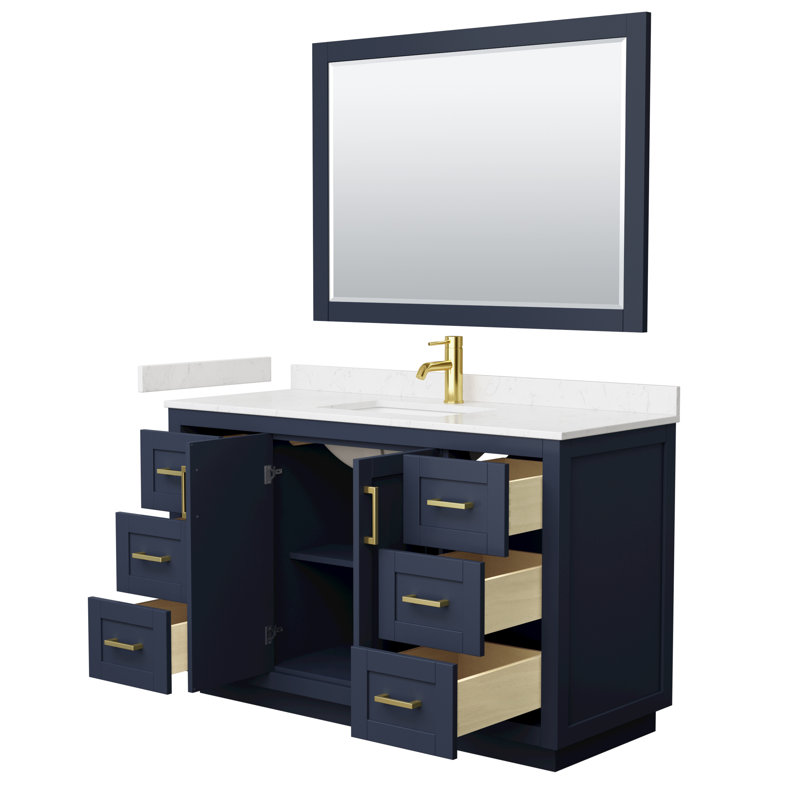 Ensemble de meuble-lavabo simple 54 po avec plateau en marbre de culture Miranda, Bleu foncé, Or