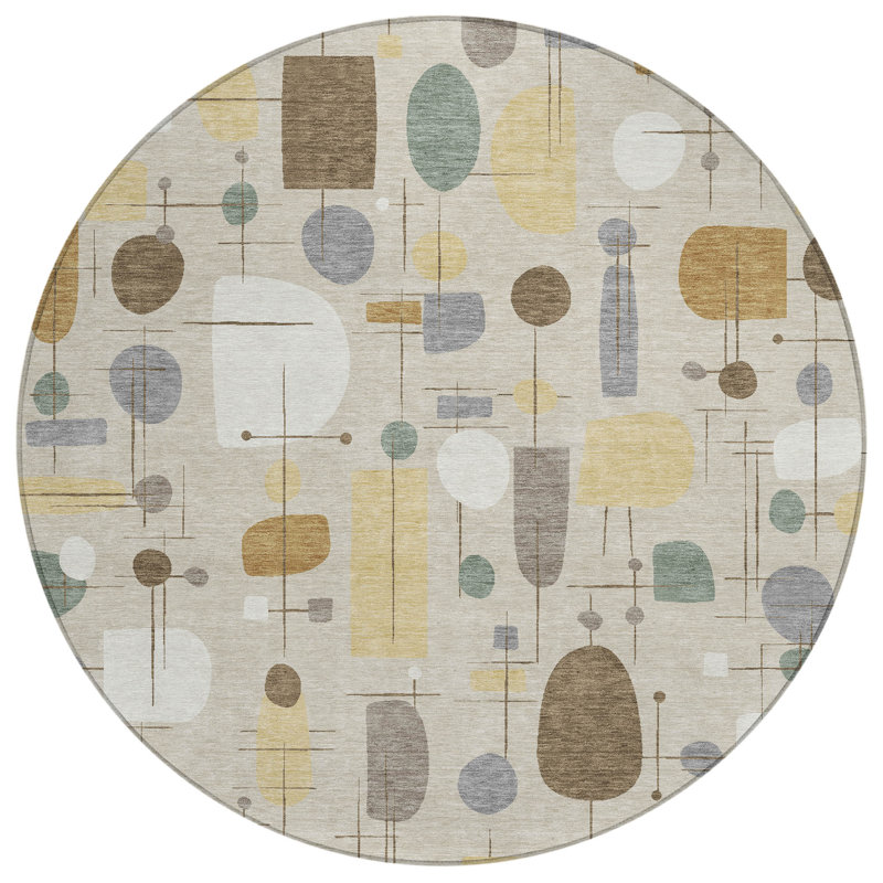 Machine Washable Indoor/Outdoor Jourdan ACN2393 Mid-Century Modern Rug, Round 8'