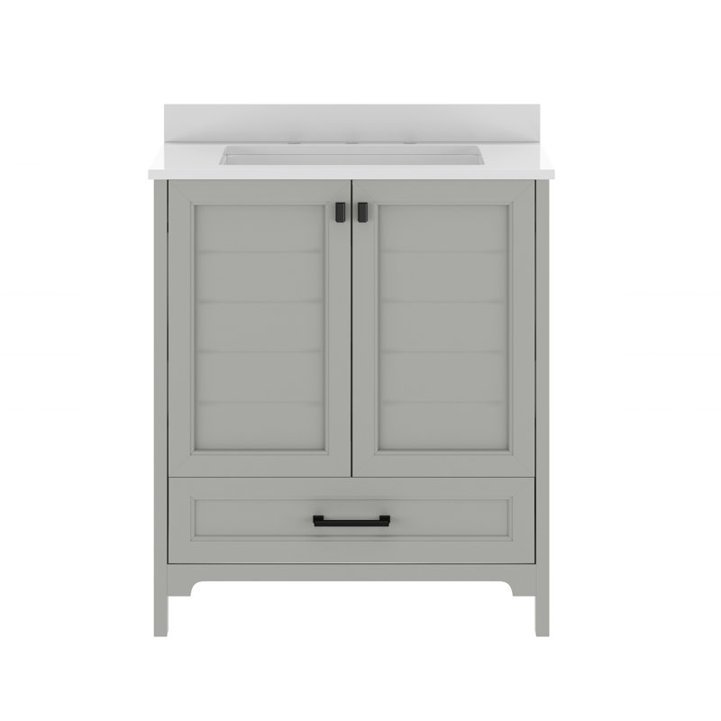 Meuble-lavabo de salle de bain avec lavabo encastré, armoire et tiroir, Gris, Noir mat