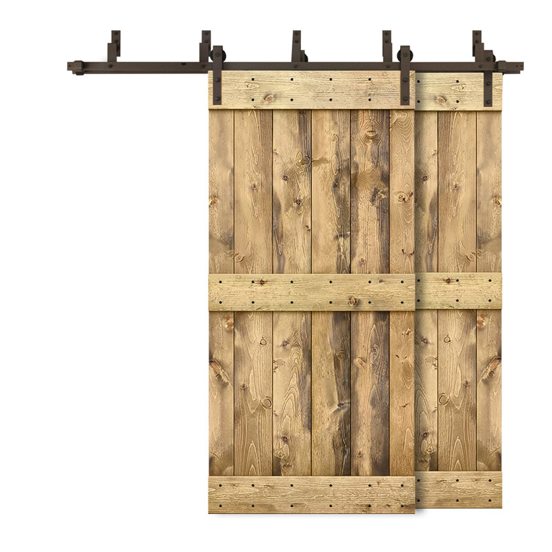Porte de grange double à panneaux en bois teinté à panneau Mid-Bar, 40 po x 84 po, Chêne vieilli