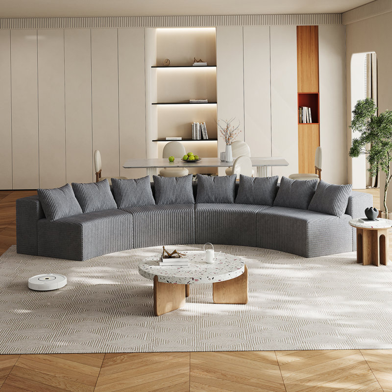 Canapé modulaire incurvé confortable avec plusieurs coussins, idéal pour diverses pièces, H 30,5 po x l 156 po x P 63 po