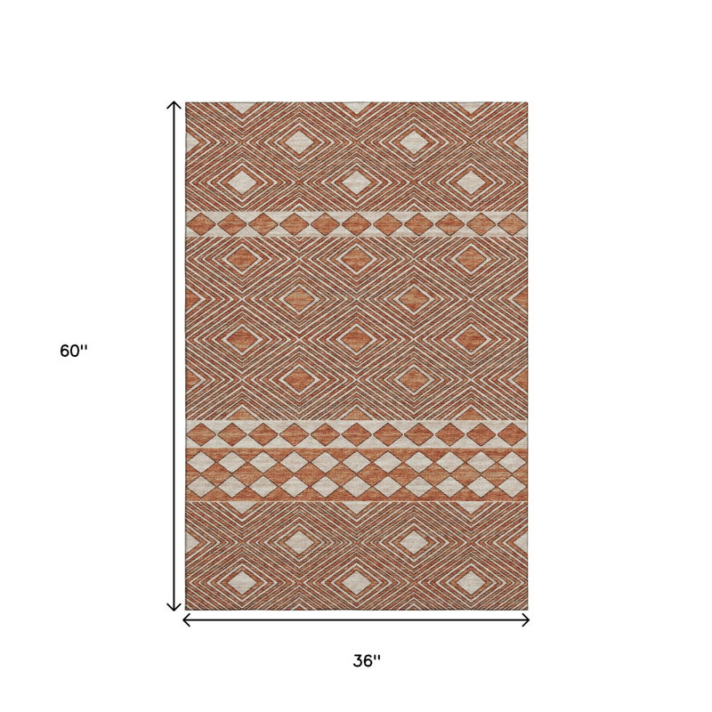3' X 5' Burnt Sienna And Ivory Tribal Washable Area Rug With UV Protection