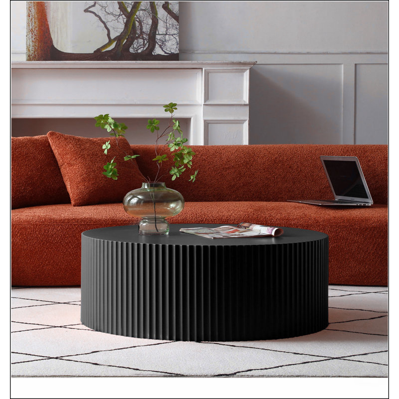 Sleek and Modern Round Coffee Table with Eye-Catching Relief Design, Black, Matt Black