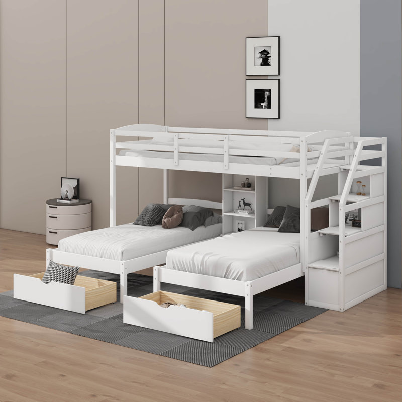 Triple Bunk Bed With Stairs, Triple Bunk Bed With Drawers, Staircase With Storage, Built-In Shelves