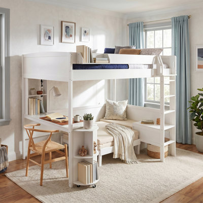 Solid Wood Frame Full Loft Bed With Desk, Bedside Storage Shelf, Sofa And LED Light