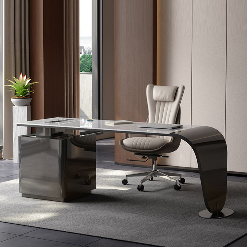 White + DarkGray Rectangular Sintered Stone + Manufactured Wood + Stainless Steel with 3 drawers desk
