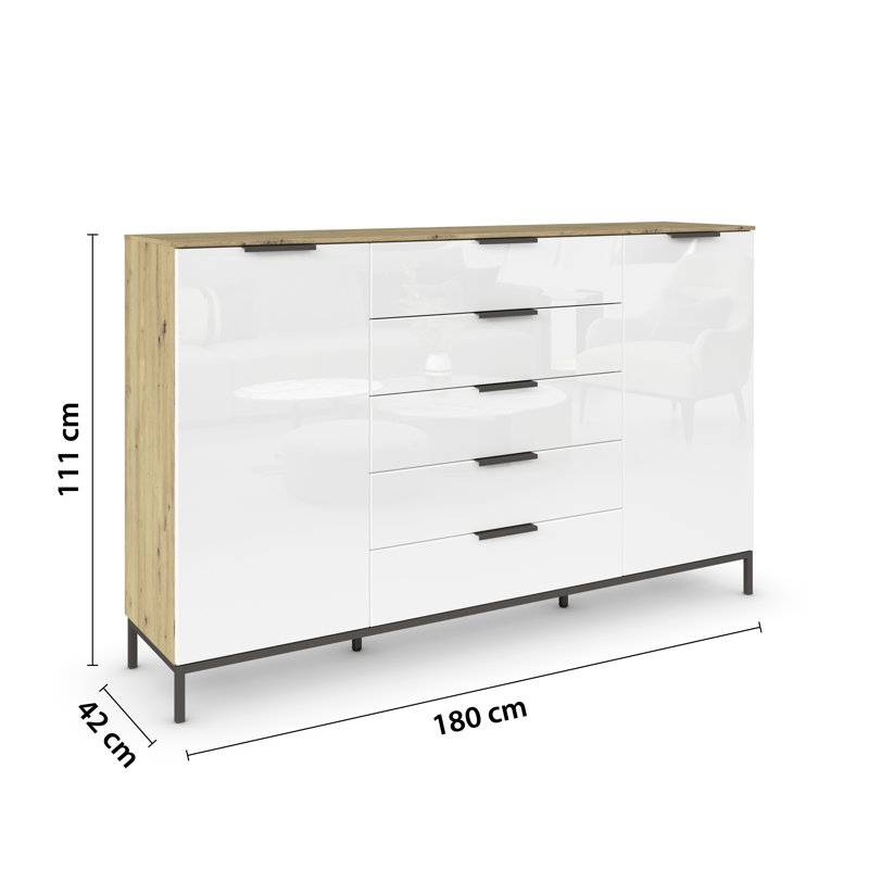 5 - Drawer Chest of Drawers, Artisan Oak/White Glass/Graphite