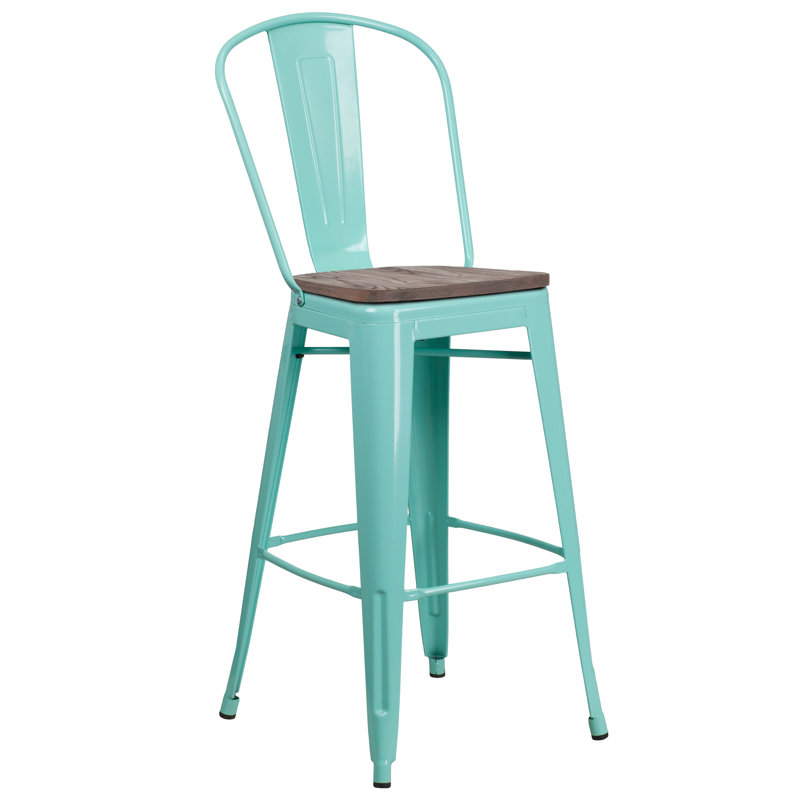 Tabouret de bar ou de comptoir en métal Marian avec dossier et siège en bois Marian, Vert menthe, 1
