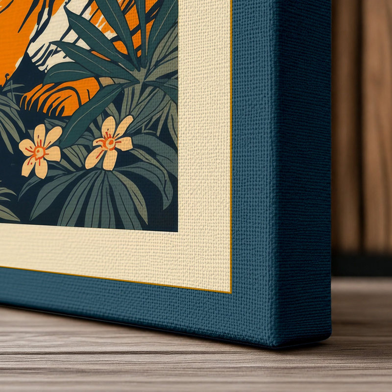 Tiger in Jungle Japandi - Wrapped Canvas, 30x20 - 76.2 x 50.8 cm, Teal Border
