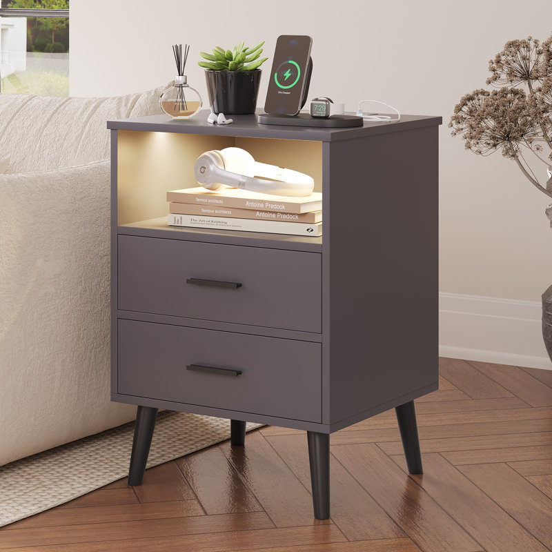 Boersma 45cm W Manufactured Wood Bedside Table, Gray/Black