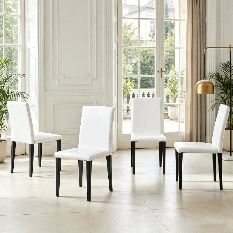 Ensemble de chaises de salle à manger modernes (4 pièces), chaises rembourrées en cuir de polyuréthane avec structure et pieds en métal, chaises de cuisine confortables à haut dossier.