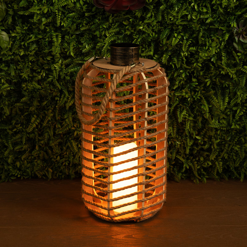 Hemp Rope Wooden Lantern With Flickering Led Lights, Garden Light Décor, Rustic Outdoor Lantern For Patio, Lawn, And Yard