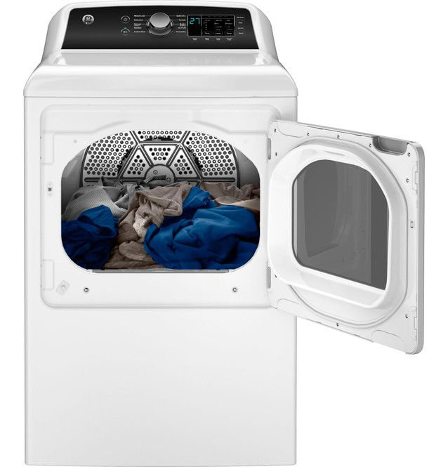GE Appliances 7.4 Cu. Ft. Natural Gas Dryer Sensor Dry Reversible Door in White