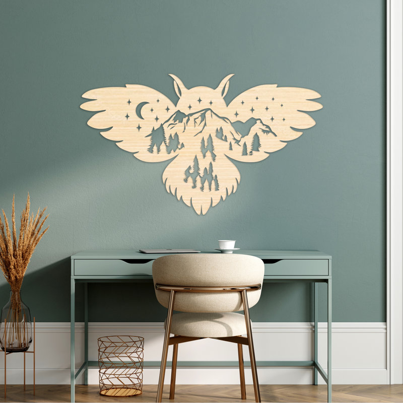 Art mural hibou avec montagne, arbres et étoiles - bouleau baltique naturel, H 26,8 po x l 46 po x P 0,25 po
