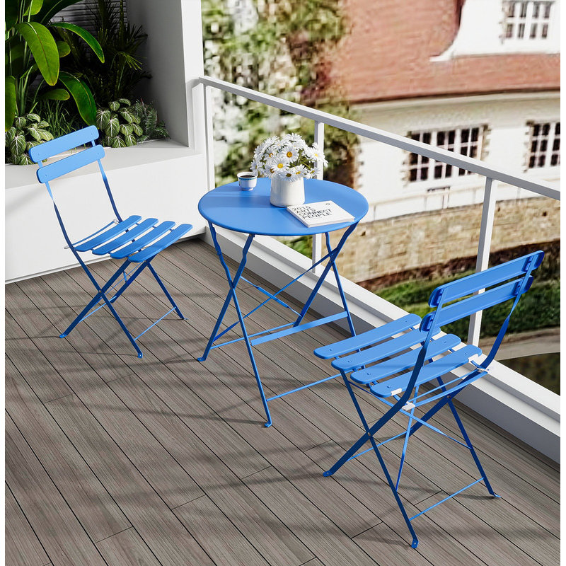 3 Pieces Patio Bistro Balcony Metail Chair Table Set-Blue, Blue