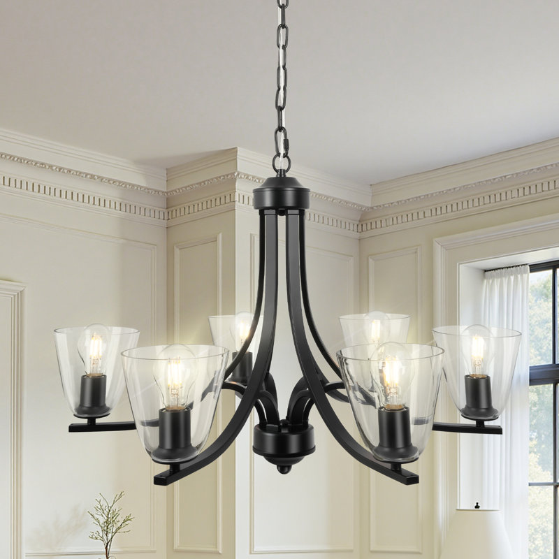 Lustre vintage noir 6 lumières avec abat-jour en verre transparent - Luminaire suspendu réglable pour la salle à manger, la cuisine et le salon