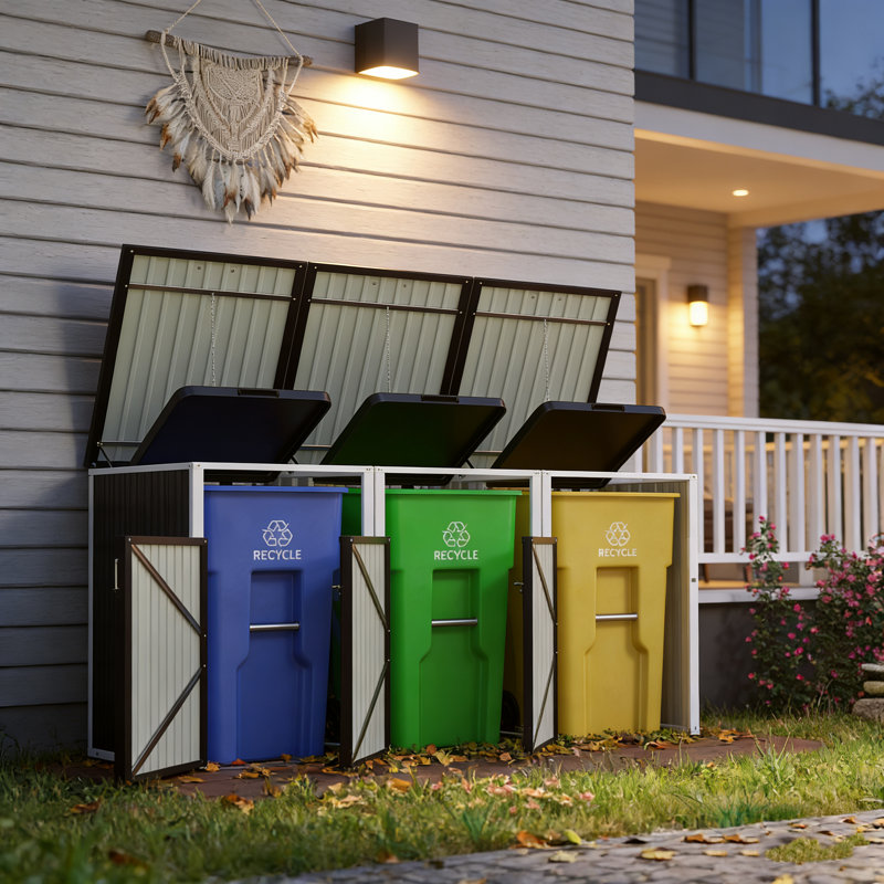 Outdoor Trash Bin Storage Shed Holds 3 Cans With Pneumatic Lid Support, Lockable Doors, And Waterproof Chain-Linked Lid System.