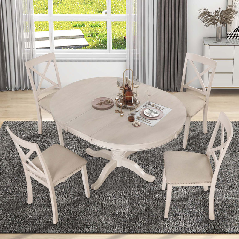 Azirah 4 - Person Extendable Pedestal Dining Set, Antique White, Antique White, White