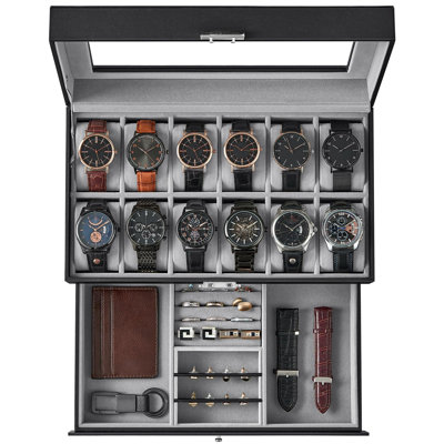 12-Slot Watch Box, Lockable Watch Case With Glass Lid, 2 Layers, With 1 Drawer For Rings, Bracelets,Christmas Gift, Black Synthetic Leather, Gray Lining