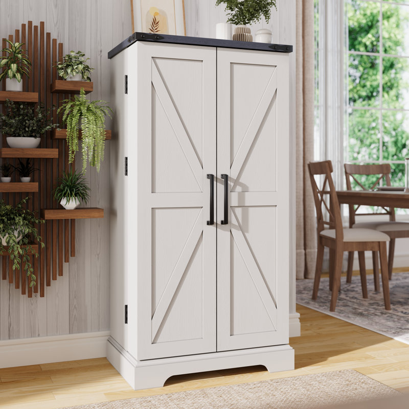 Farmhouse 47" Kitchen Pantry Cabinet with Barn Doors & 10 Door Shelves, Wood Storage Organizer with Adjustable Shelves, White