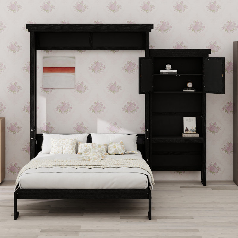 Lit escamotable avec tablettes de rangement et décoration élégante à persiennes